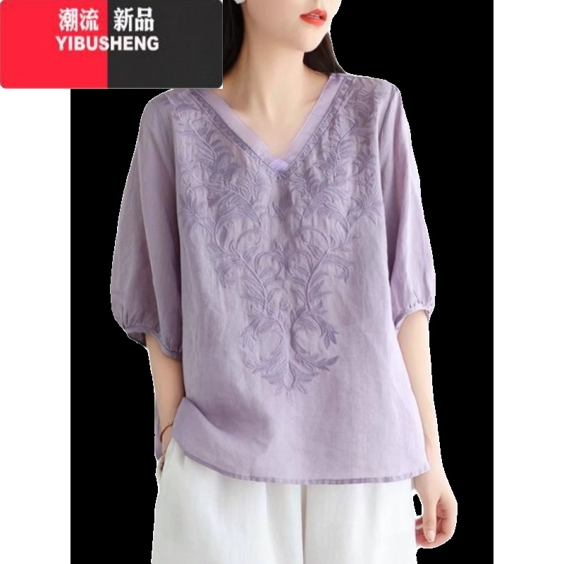 YIBUSHENG2024新款刺绣苎麻衬衫女薄款短袖t恤复古宽松大码棉麻百搭上衣高清大图