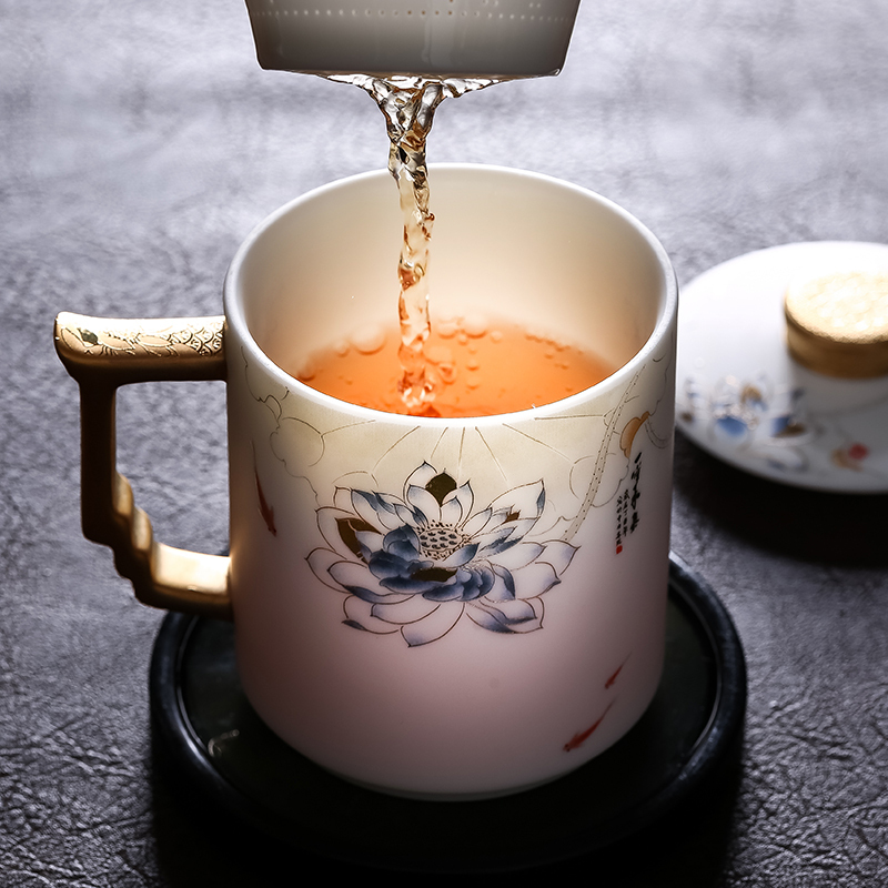 領藝 优选渡景山房羊脂玉描金茶杯德化白瓷素烧白玉瓷马克杯大容量陶瓷办公杯礼品套装 文轩杯(妙色清欢)黄金款礼盒装