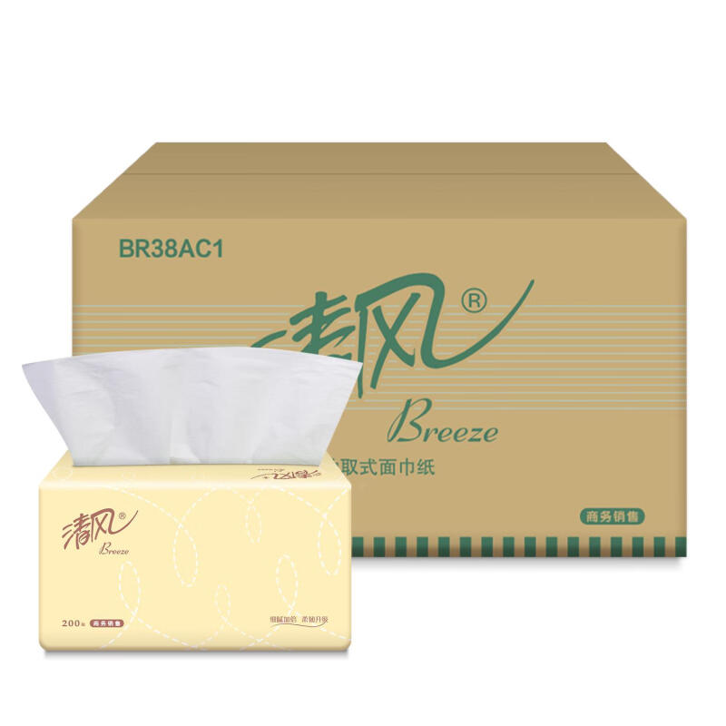 清风 商务专用 BR38AC 原生木浆抽取式面巾纸200抽1箱48包装高清大图