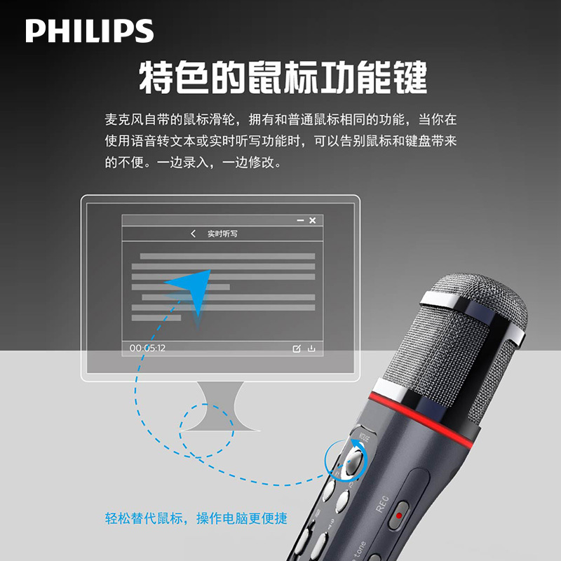 飞利浦VTR5160全民k歌麦克风多功能录音转录话筒主播直播设备声卡唱歌电脑安卓苹果通用语音转文本 藏蓝色