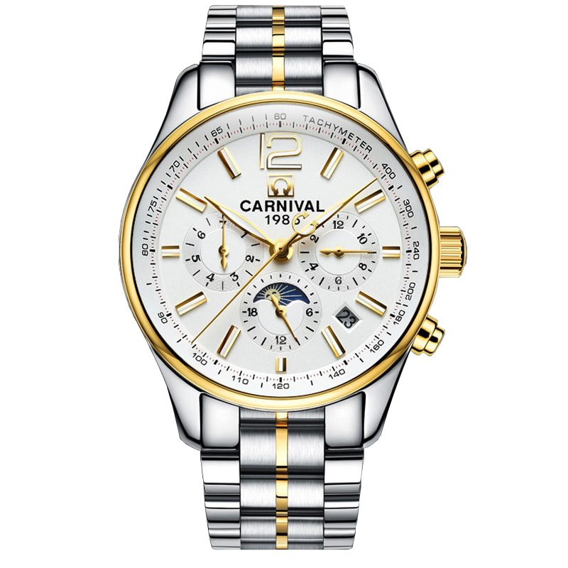 瑞士嘉年华CARNIVAL全自动机械表 男休闲时尚防水手表男士时尚商务男表金属精钢夜光防水日月星辰多功能显示8702C高清大图