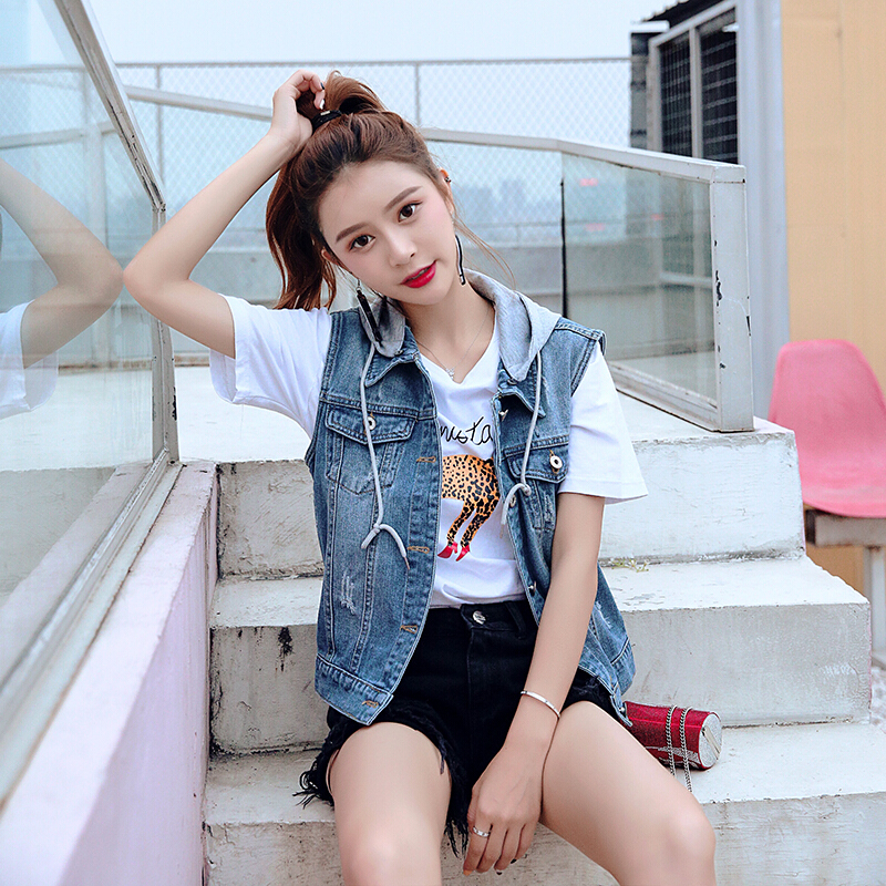 春夏韩版修身短款大码无袖连帽牛仔马甲背心女装坎肩上衣破洞外套牛仔蓝