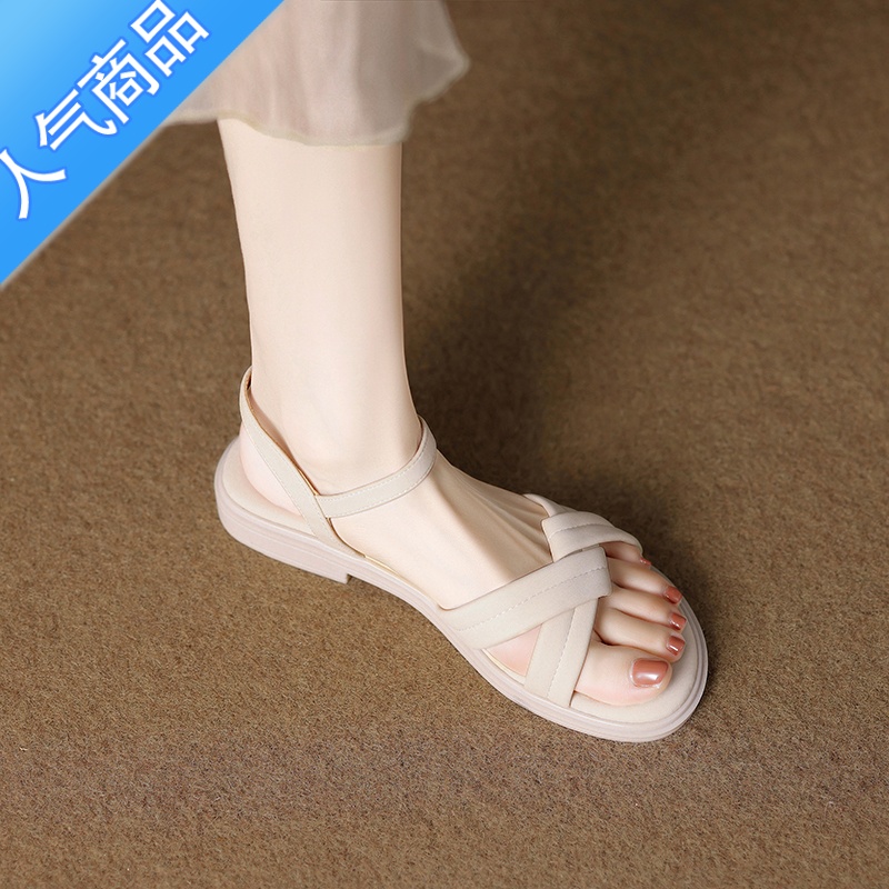 SUNTEK2023年夏季新款百搭不累脚网红超火夏天软底软面舒适平底女款凉鞋 米白色 36