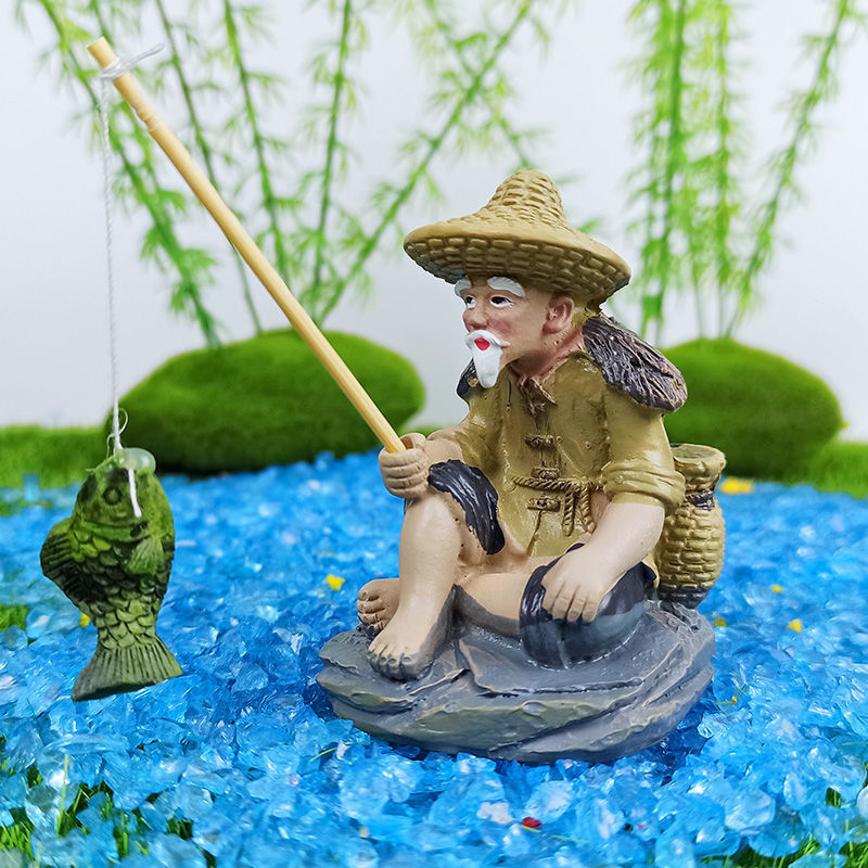 姜太公钓鱼翁老头鱼缸造景假山小摆件客厅人物树脂摆件盆景装饰品