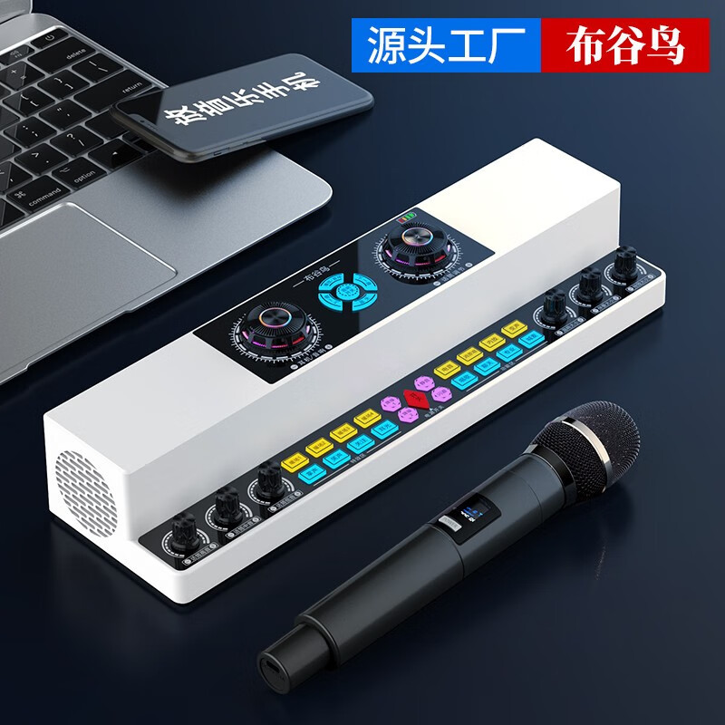 布谷鸟 Y6声卡音响一体机套装蓝牙唱歌无线麦克风全套 顶配三 无线麦X2+振膜麦+领夹麦+灯+耳机+线
