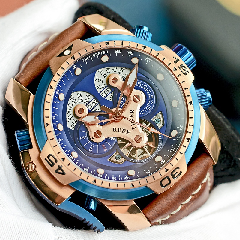 瑞夫泰格REEF RIGER时尚潮流手表多功能全自动机械表男士真皮大表盘防水军表进口机芯强夜光RGA3503高清大图