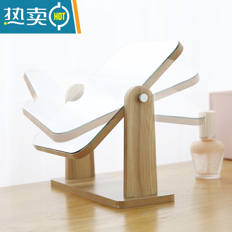 敬平台式化妆镜ins少女桌面木质梳妆镜学生宿舍大号可立便携折叠镜子 塑料款[粉色]便携式用镜高清大图