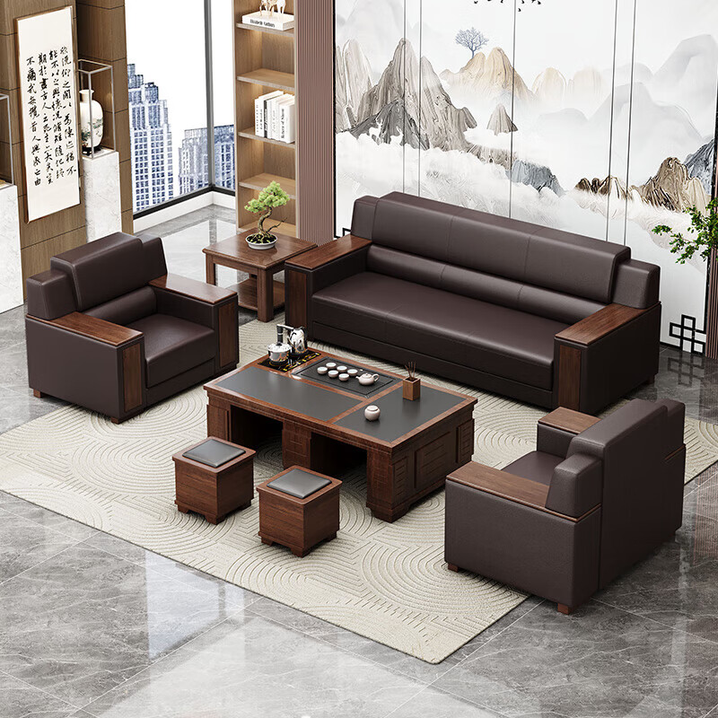 誉卓远办公室沙发新中式商务会客接待洽谈 三人位（耐磨西皮）高清大图