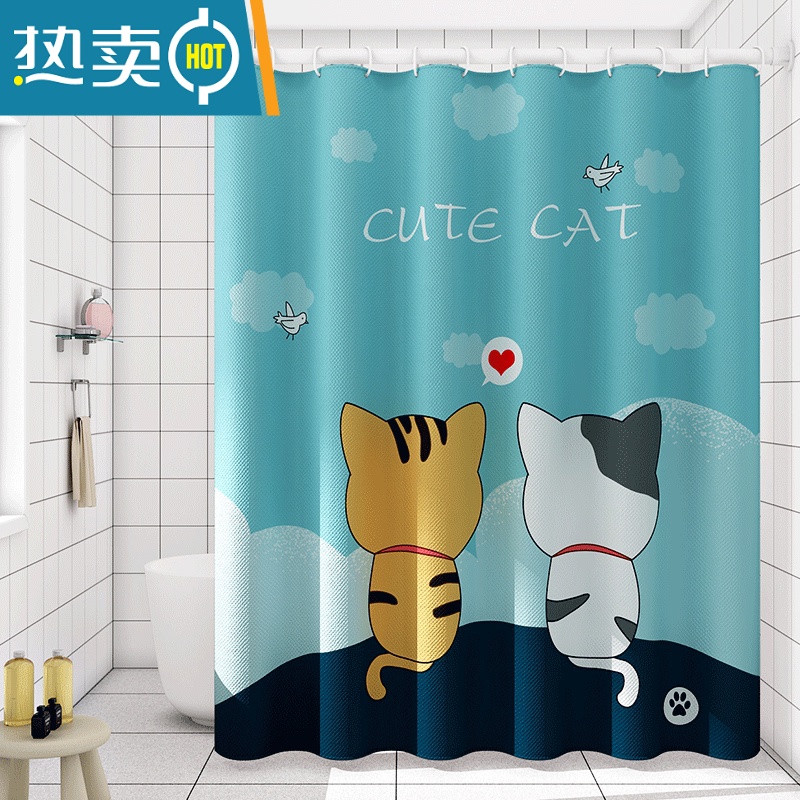 敬平浴室浴帘加厚防水浴帘布卫生间浴帘套装免打孔洗澡防水帘门帘 爱情猫 单浴帘(适用墙宽90-110cm)宽120*高200+环+绑