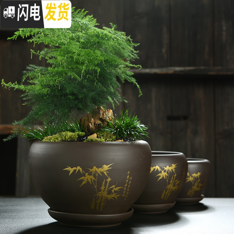 三维工匠紫砂花盆陶瓷大号特大带托盘绿萝盆景家用兰花多肉小花盆 DS紫砂苹果-天道酬勤单个 中等花盆容器高清大图