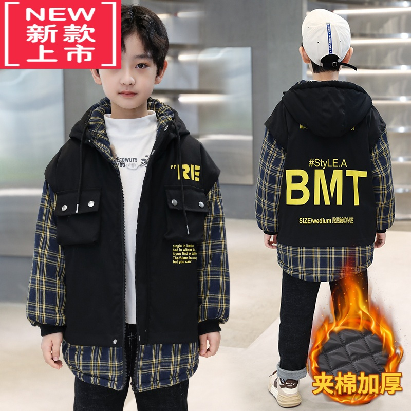 可莉允男童棉服冬季加绒保暖外套新品儿童冬装中长款帅气加厚派克服棉衣