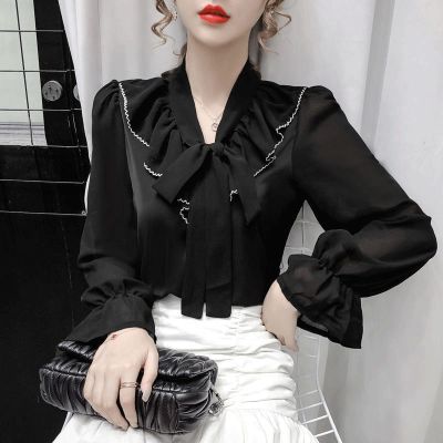 秋冬新款绑带宽松长袖蝴蝶结轻熟衬衫女设计感小众洋气雪纺衫上衣 黑色长袖[优质款] S 建议80-95斤
