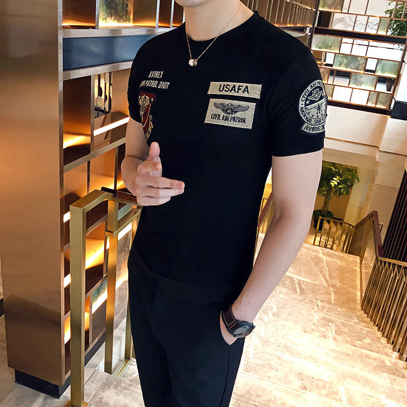 2018春夏新品男款鹿皮绒店主风短袖字母贴布款T恤青年韩版修身T恤