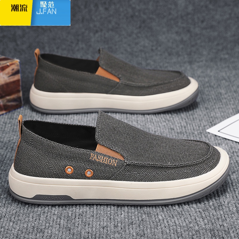 聚范帆布男鞋2024新款夏季透气休闲老北京布鞋懒人一脚蹬厚底运动板鞋高清大图