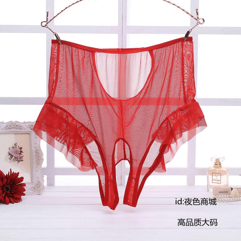 加肥加大情趣内裤高腰透明开档三角裤胖mm网纱免脱丁字裤激情套装