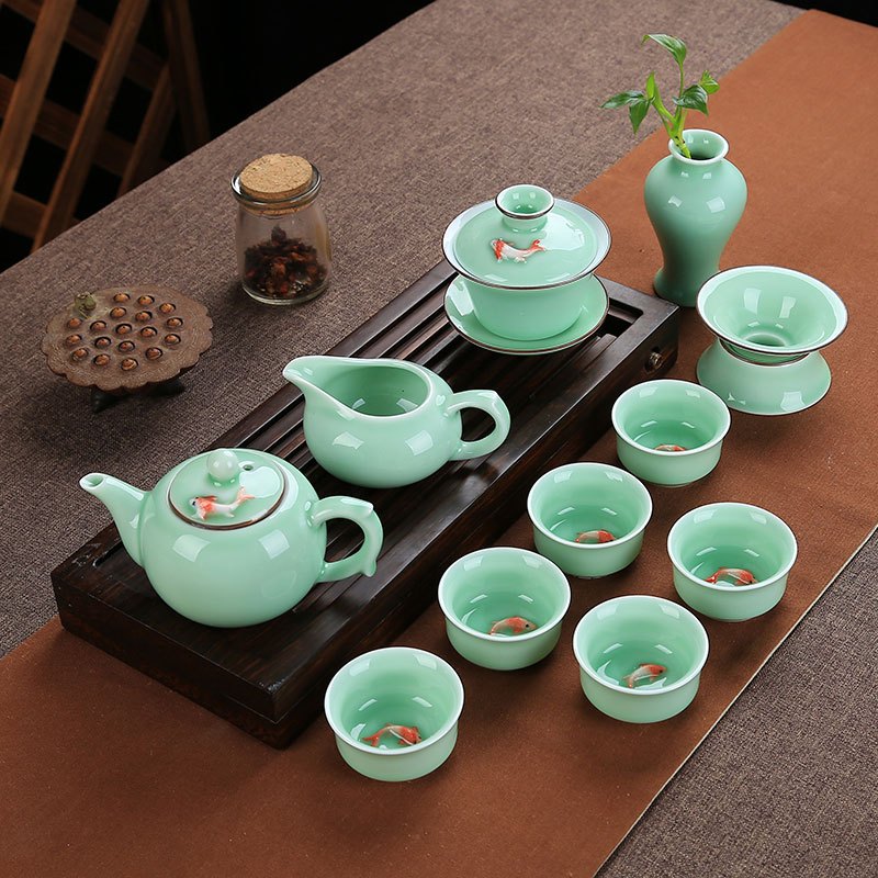 龙泉青瓷茶具套装功夫茶具茶壶盖碗茶杯茶道茶洗整套居家鱼杯生活日用家居器皿水具水杯