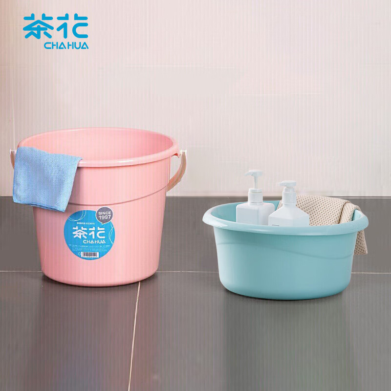 茶花(CHAHUA)洗脸盆30cm+水桶31m塑料盆子泡脚桶洗脚盆03361K+0207颜色随机