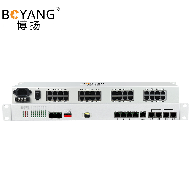 博扬 综合业务电话光端机 8路E1+32路电话+4路百兆以太网物理隔离 单纤1对价 BY-8E1-32P4FV-60km