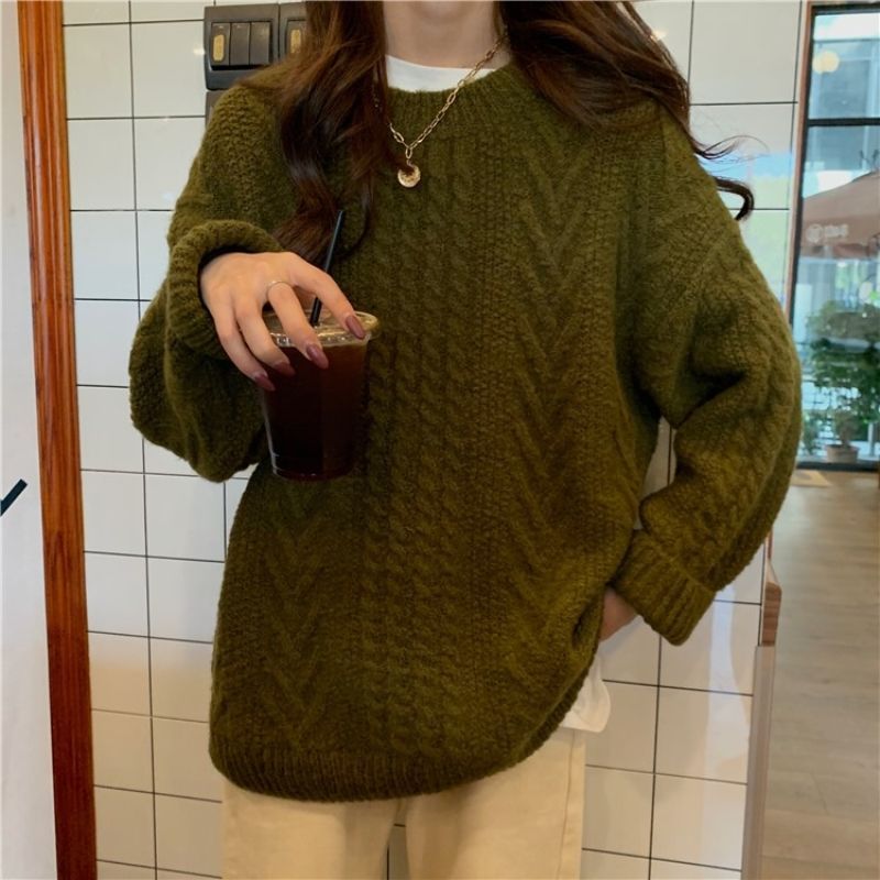 2021新款毛衣女早秋冬季上衣宽松复古日系慵懒风麻花针织衫外套