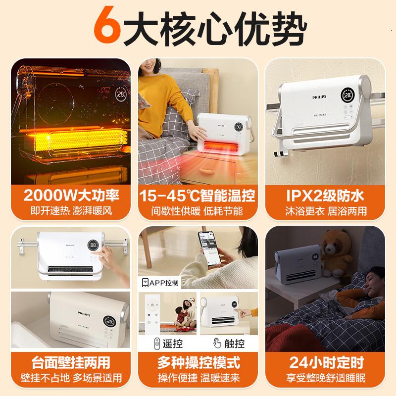 飞利浦(PHILIPS)取暖器家用浴室暖风机台式壁挂电暖器居浴防水电暖气速热防烫电暖风办公桌面恒温热风机 AHR3124高清大图