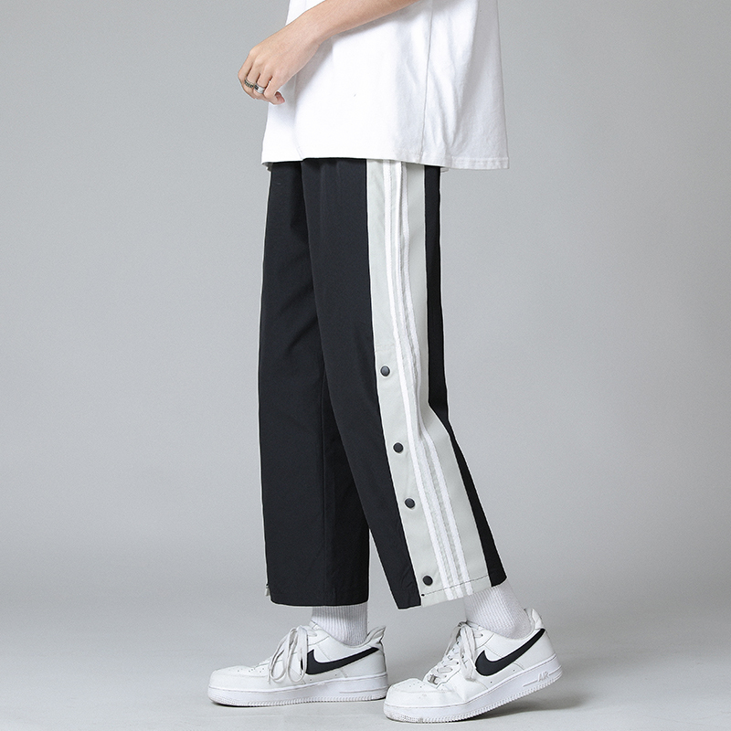 WOOG2005排扣裤男夏季薄款大码条纹学生潮牌宽松高街休闲运动裤子