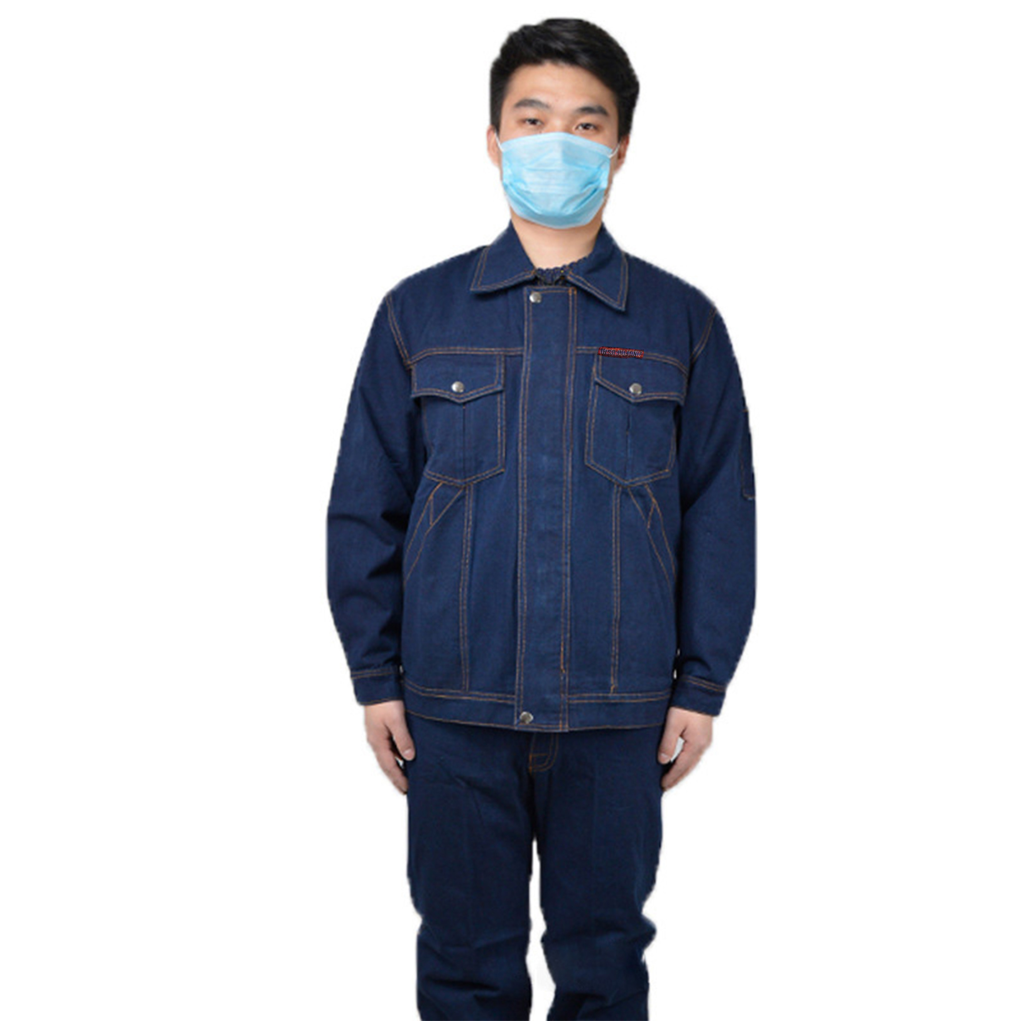 邦能之星牛仔工作服男汽修防烫电焊工人工厂车间工装长袖耐磨劳保服(一套) 深蓝色 均码