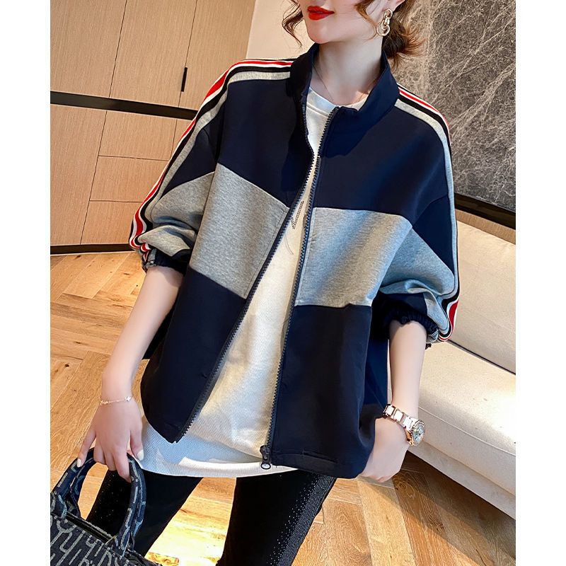 大码条纹拼接立领宽松外套春季韩版立领百搭上衣女a2820