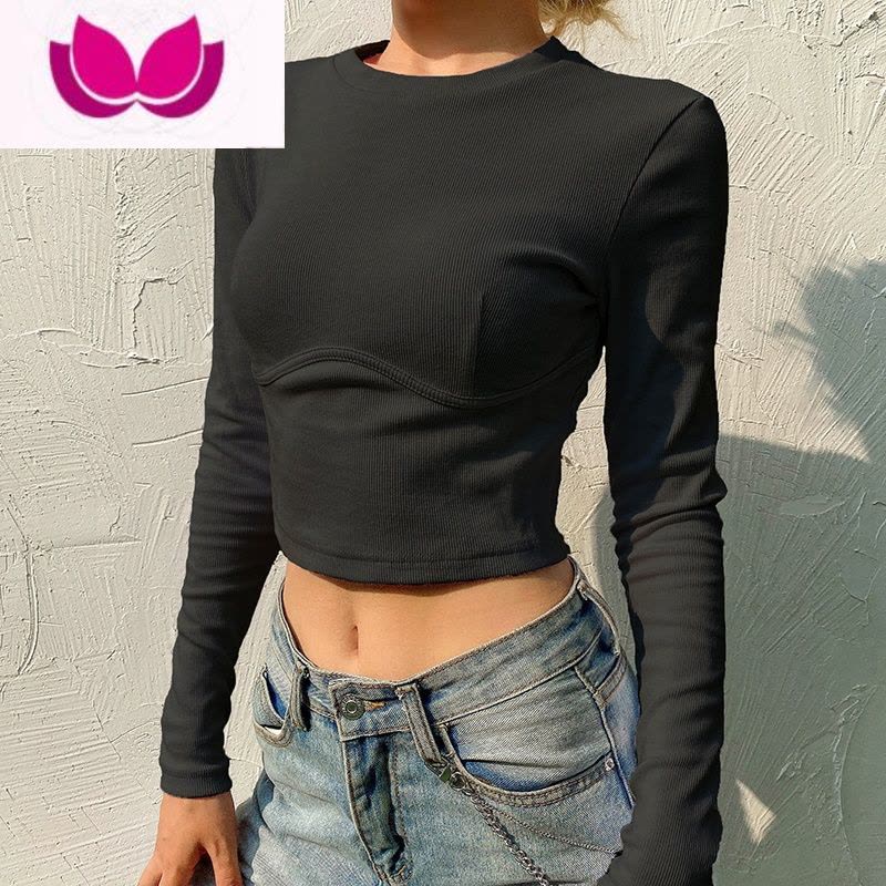 七斓纯色基础针织长袖百搭打底衫女外穿短款露腰紧身T恤显胸潮图片