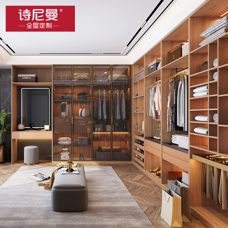 诗尼曼全屋定制走入式衣帽间轻奢玻璃整体定制衣柜开放式卧室家具