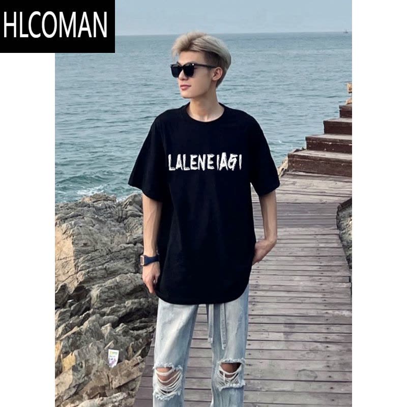 HLCOMAN夏季美式新款网红半袖t恤男ins潮牌黑色百搭短袖印花圆领宽松体恤图片