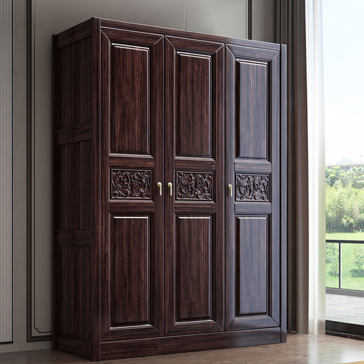 采百木(caibaimu)紫金檀木三门衣柜新中式全实木红木大容量衣橱现代