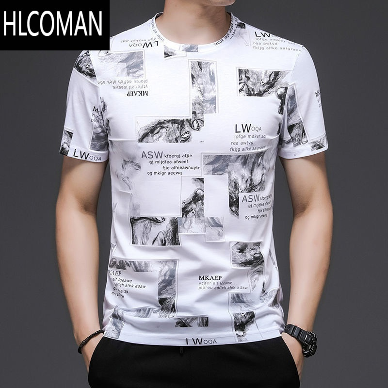 HLCOMAN夏季冰丝冰感短袖T恤男圆领印花上衣欧洲站潮牌时尚个性青年半袖