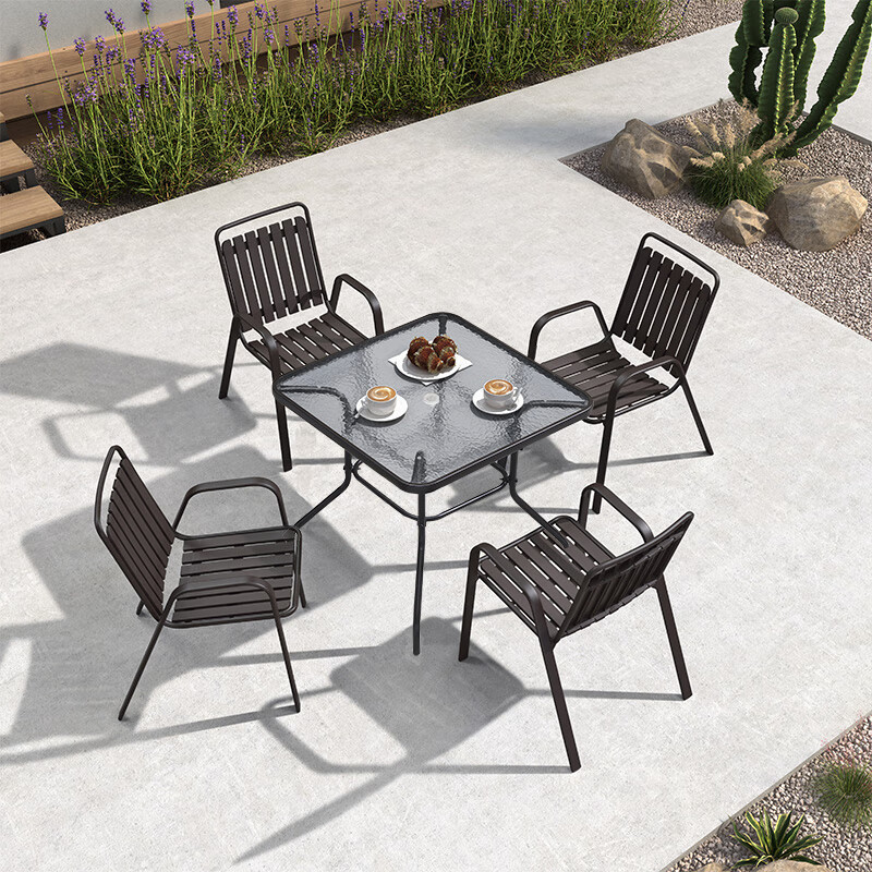 苏宁 金菲罗格 办公家具 露天户外休闲塑木桌椅组合 4+1【玻璃方桌80x80】