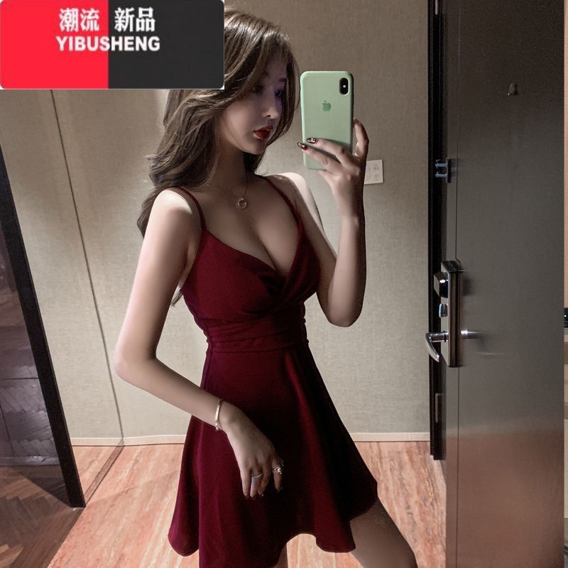 YIBUSHENG新款季法式显瘦抹胸连衣裙夜店性感气质礼服吊带短裙I L 酒红色当天发货