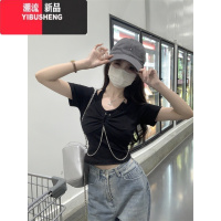 YIBUSHENG纯欲假两件挂脖短袖T恤女季2024新款别致甜辣白色修身EB甜脖 S 黑色
