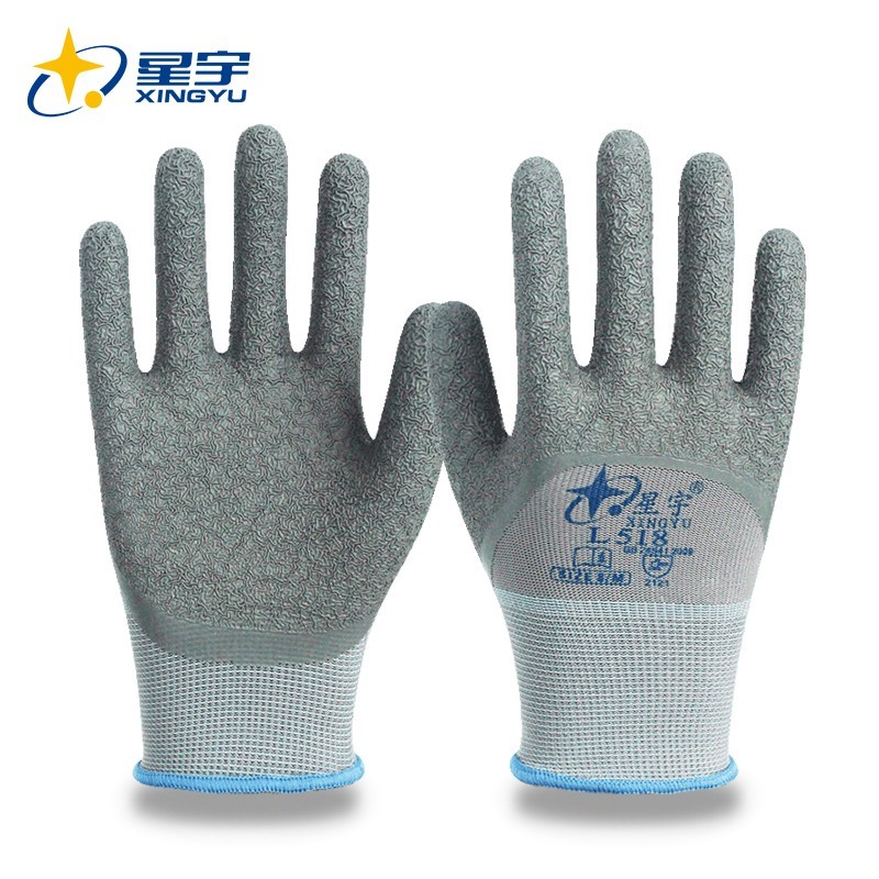 星宇(XINGYU)L518灰色乳胶皱纹防水防滑耐磨耐低温劳保手套农业建筑机械手套 12双 M