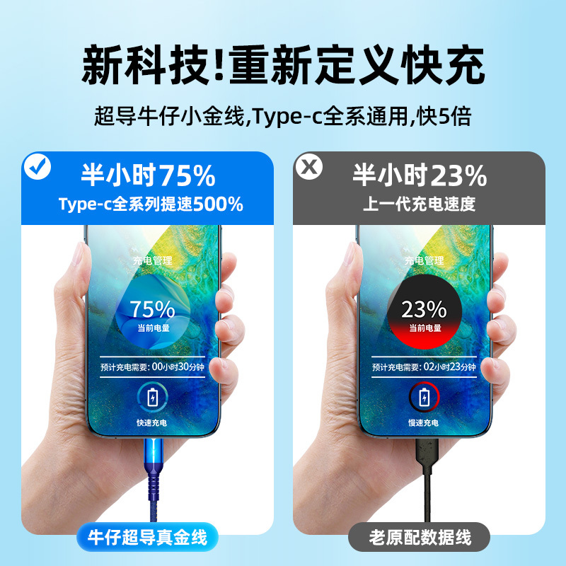 邻家-Type-C第六代带灯快充数据线-黑色2米 智能呼吸灯 5A超级快充 低温超级快充 自动保护电池(2条)