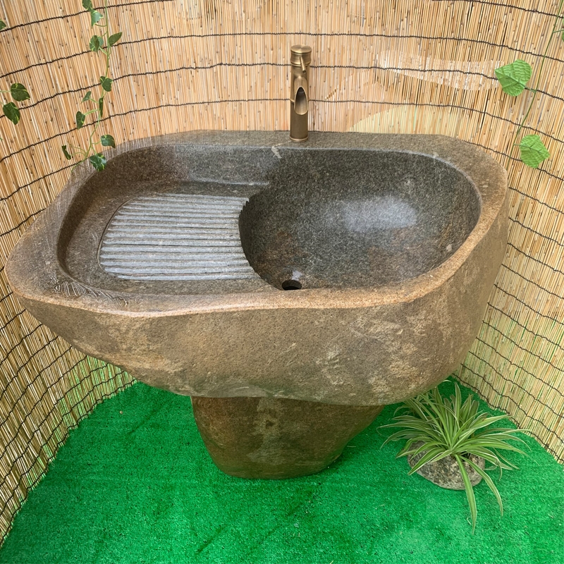 鹅卵石原石洗衣池手逗浴室柜洗手池户外花园一体洗衣槽水池立柱式复古