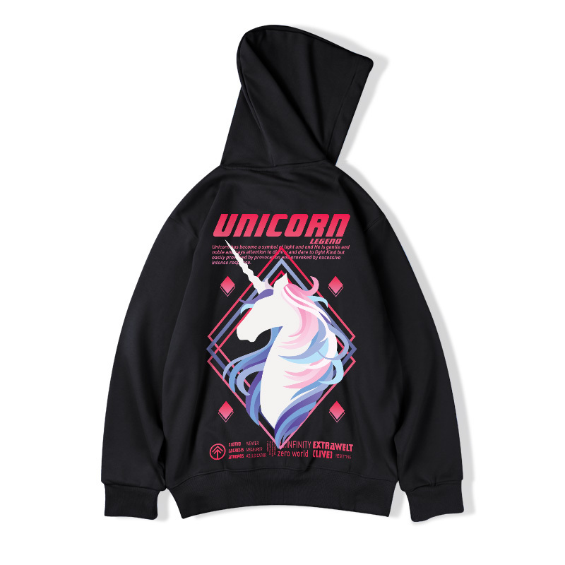 baluoshangoversize加肥加大码潮牌连帽衫情侣独角兽加绒胖子男装套头