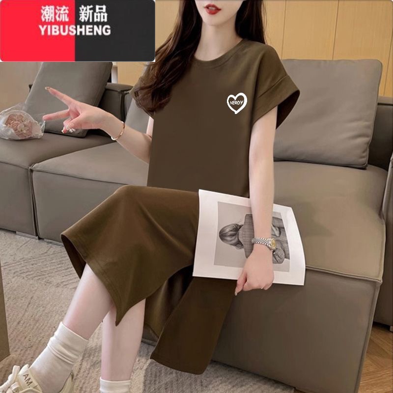 YIBUSHENG短袖连衣裙女季大码宽松中长款过膝t恤裙百搭休闲开叉长裙高清大图