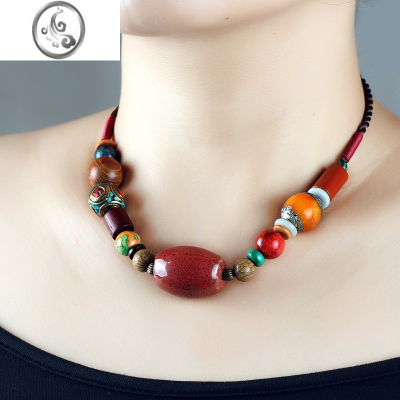 jimi民族风原创藏族项链复古陶瓷珠百搭锁骨女士彩石颈链藏式吊坠蜜蜡