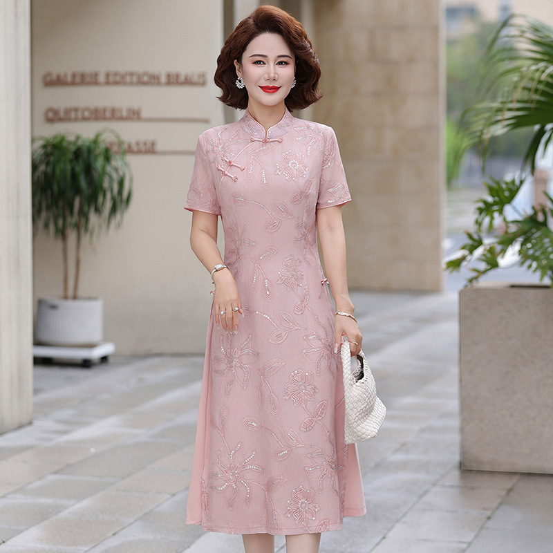 纤孜雅 夏季妈妈印花短袖连衣裙上衣新款中来年复古改良旗袍裙子洋气高清大图