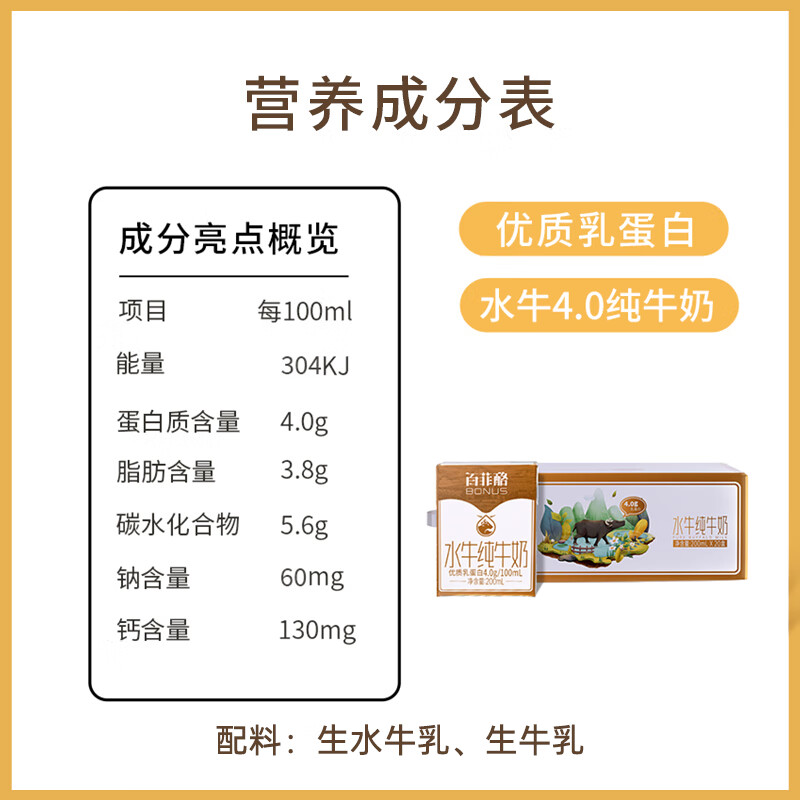 百菲酪水牛纯牛奶4.0g乳蛋白宝宝爱喝 200ml*20盒/箱 送礼礼盒装高清大图