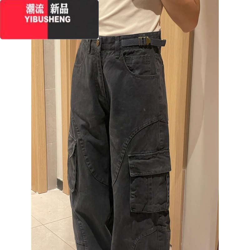 YIBUSHENG大码复古黑色工装休闲裤女美式高街辣妹多口袋vibe直筒宽松阔腿大 M 黑色