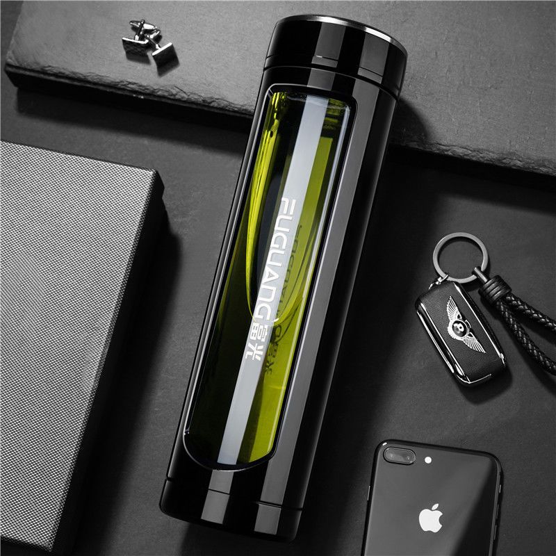 富光玻璃杯双层便携水杯创意带盖过滤防摔杯子男女士耐热车载茶杯黑色