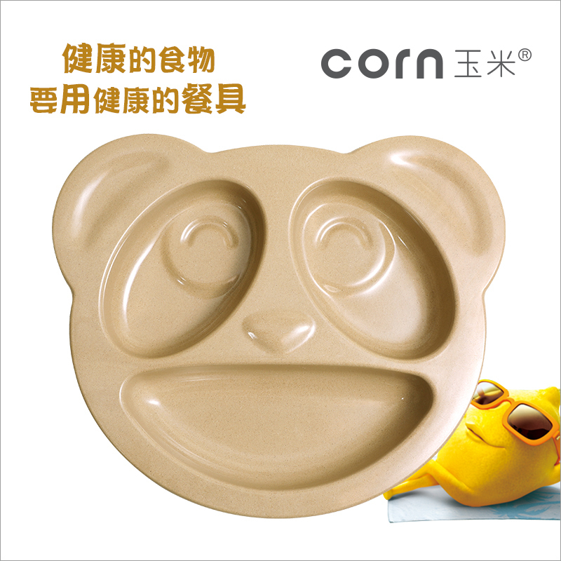 玉米(corn) 稻壳儿童餐盘 熊猫餐盘1个 卡通辅食餐盘 宝宝卡通餐盘碟 家用盘子餐具套装 三格盘