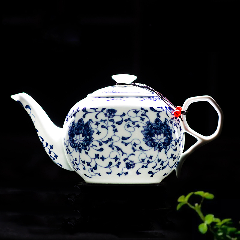 瓷物语家用茶具1000ML 陶瓷大茶壶单壶耐热防暴景德镇青花瓷薄胎瓷(一壶六杯带茶盘 )