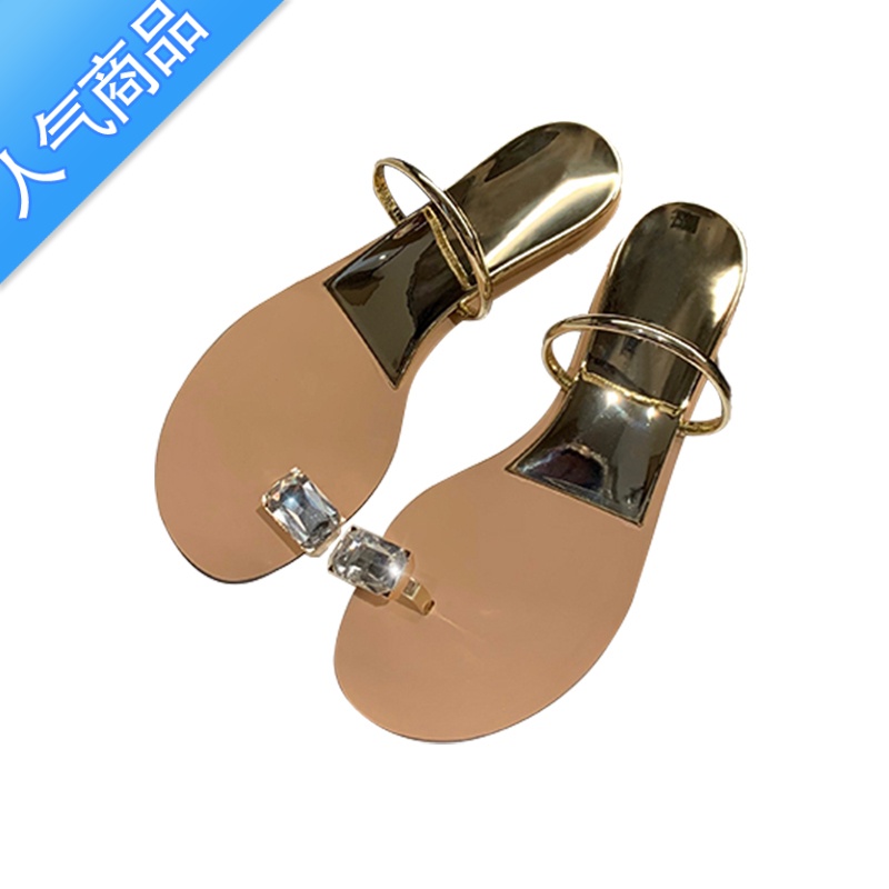 SUNTEK鸽子蛋拖鞋女外穿2023夏季仙女水钻简约罗马凉鞋一字平底法式凉拖高清大图