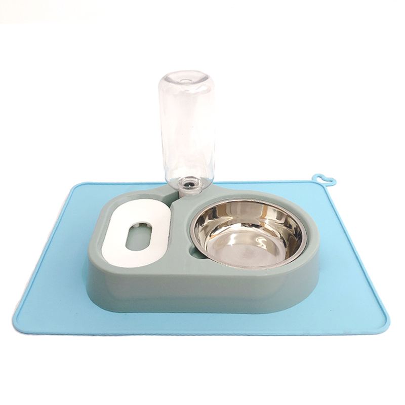 猫碗不锈钢狗碗双碗不湿嘴自动饮水器两用猫宠物粮狗食盆猫咪用品_5 适合猫/小型犬 天蓝色+防漏餐垫蓝色