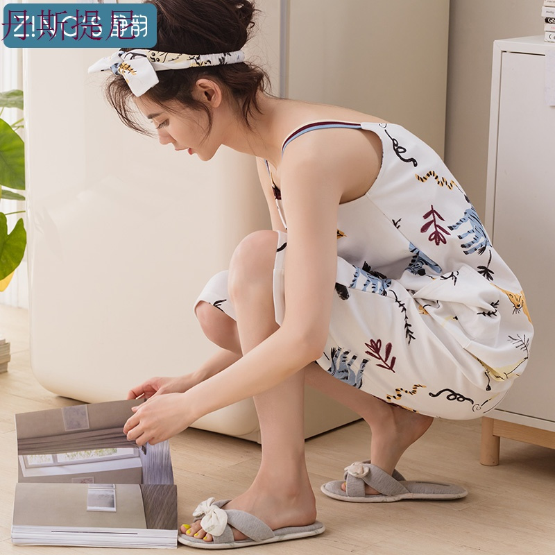 2018睡衣女夏纯棉薄款可两穿带睡裙可爱卡通女人宽松家居服